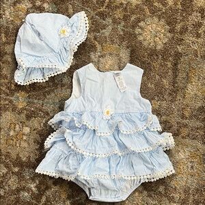Little Me Blue Striped Baby Dress and Hat Set